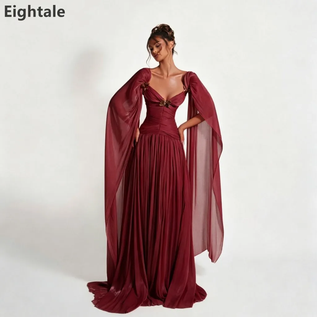 Eightale 2026 Burgundy Cape Sleeve Evening Dress V Neck Ruched Metallic Chiffon Floor Length Dubai Formal Party Gown Customized
Eightale 2026 Burgundy Cape Sleeve Evening Dress V Neck Ruched Metallic Chiffon Floor Length Dubai Formal Party Gown Customized