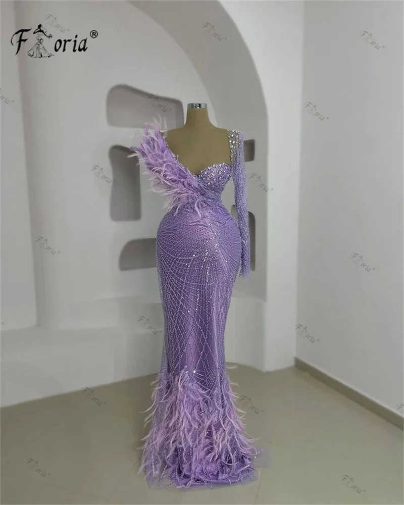 Elegant Dubai Long Sleeve One Shoulder Evening Dress Feathers Sequin Purple Mermaid Formal Occasion Dresses Celebrity Party Gown
Elegant Dubai Long Sleeve One Shoulder Evening Dress Feathers Sequin Purple Mermaid Formal Occasion Dresses Celebrity Party Gown