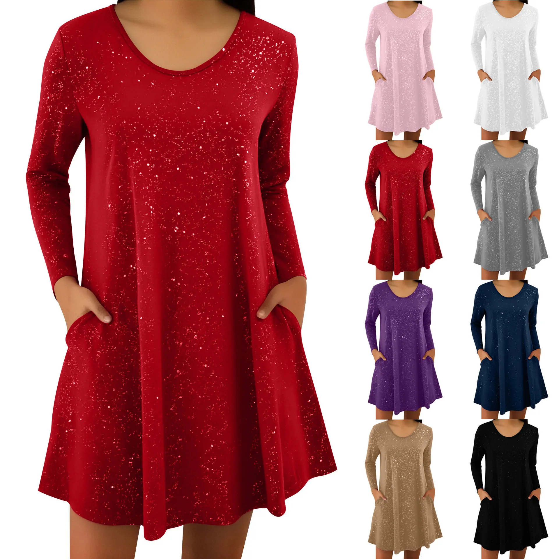 2026 Summer New Women's Crew Neck Sequin Long Sleeve Dress Solid Color Casual Loose Dress with Pockets for Daily & Party Wear
2026 Summer New Women's Crew Neck Sequin Long Sleeve Dress Solid Color Casual Loose Dress with Pockets for Daily & Party Wear