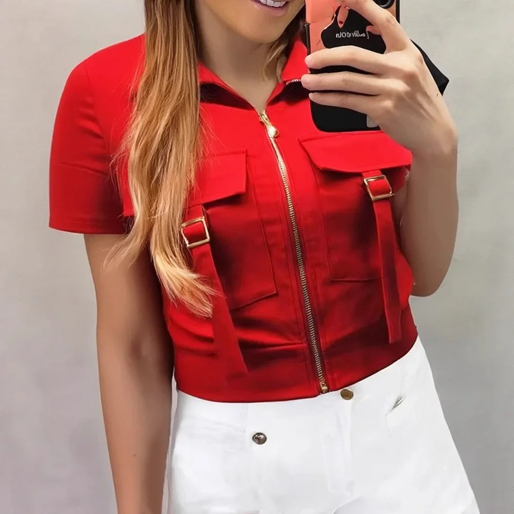 Casual Tooling Pocket Lapel Women's Clothing Red Short-sleeved Cardigan Top Shirts Solid Color Fashion Casual Summer
Casual Tooling Pocket Lapel Women's Clothing Red Short-sleeved Cardigan Top Shirts Solid Color Fashion Casual Summer