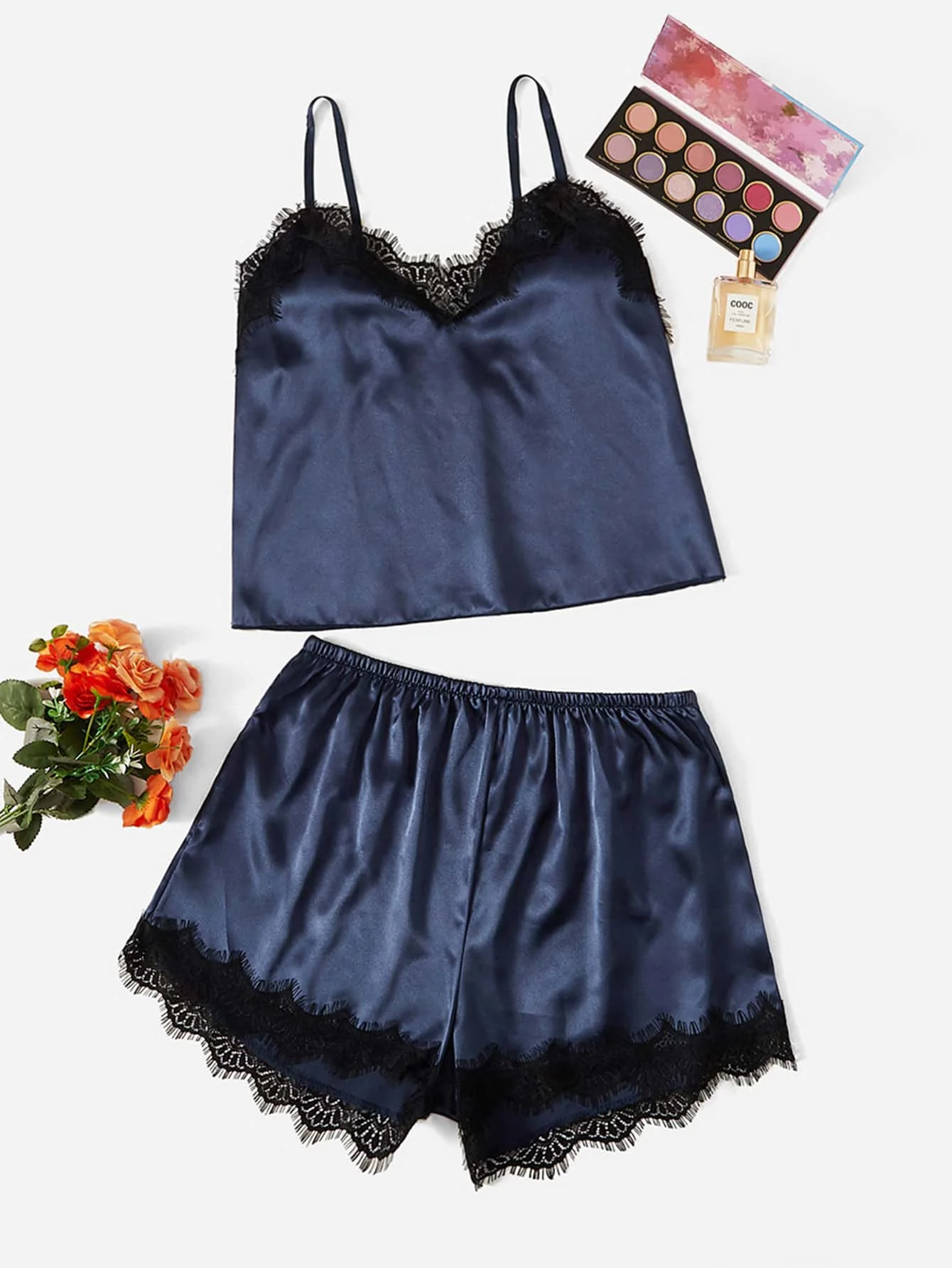Navy Blue Lace Trim Satin Cami Top and Shorts Pajama Set for Women
Navy Blue Lace Trim Satin Cami Top and Shorts Pajama Set for Women