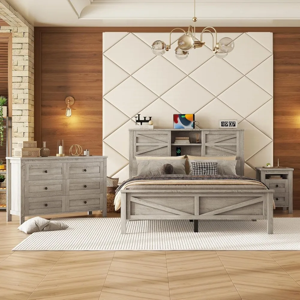 Farmhouse 3-Pieces Bedroom Sets, Queen Size Platform Bed with a Nightstand and 6-drawer Storage, Wood Platform Bed
Farmhouse 3-Pieces Bedroom Sets, Queen Size Platform Bed with a Nightstand and 6-drawer Storage, Wood Platform Bed