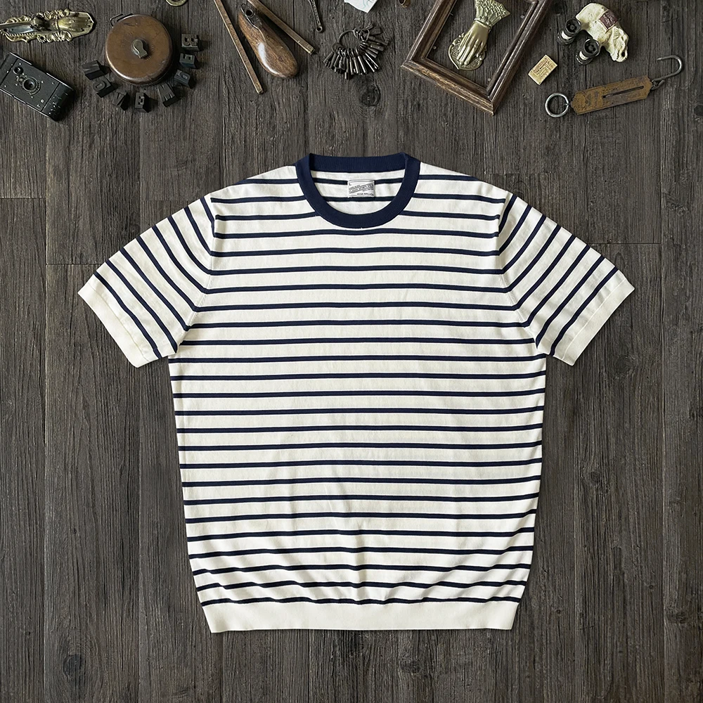Summer, simple and retro, breathable pure cotton, beige blue striped knitted crew neck short-sleeved T-shirt neutral
Summer, simple and retro, breathable pure cotton, beige blue striped knitted crew neck short-sleeved T-shirt neutral