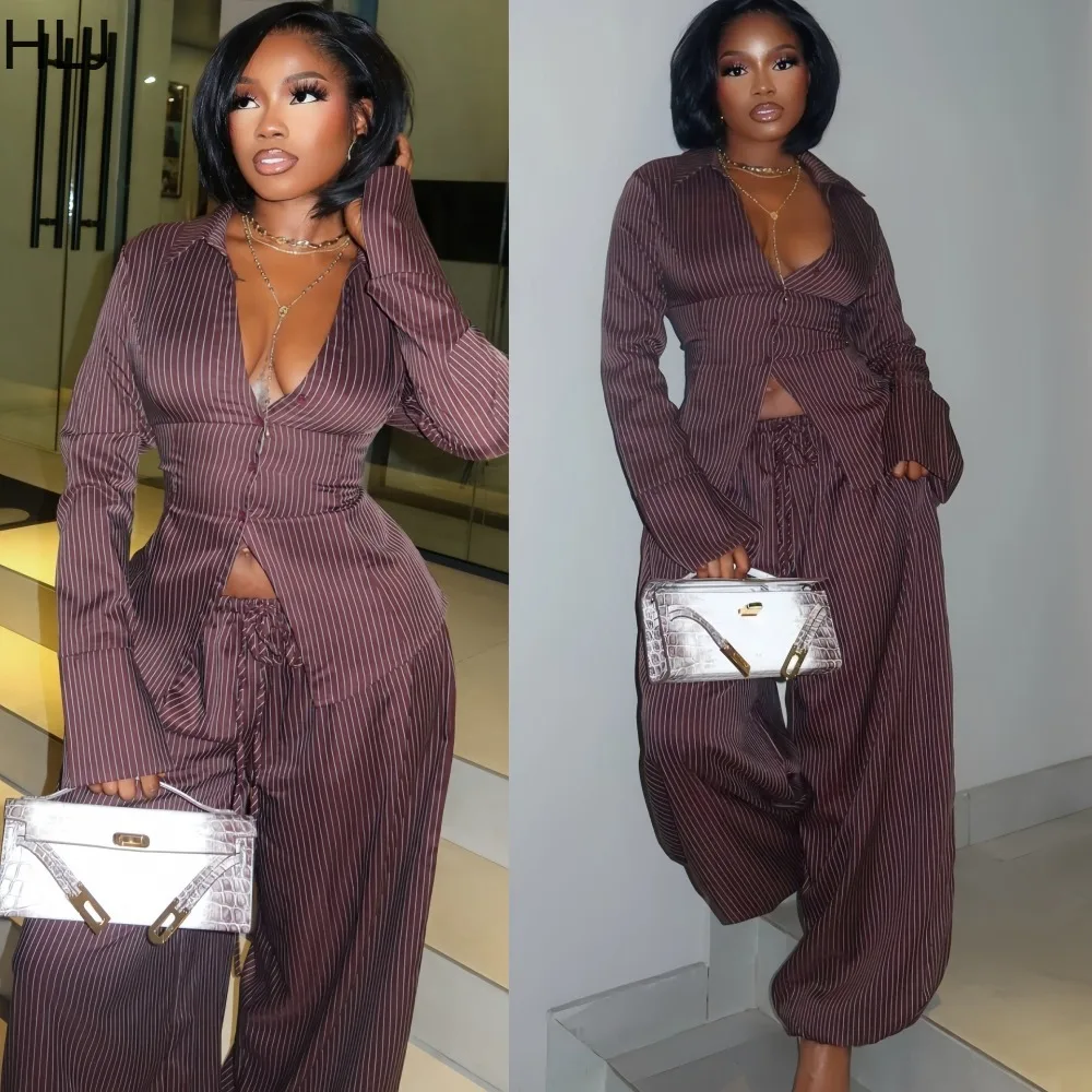 HLJ Women Vertical Striped 2 Piece Outfit Set Lapel Collar Long Sleeve Button Down Crop Shirt + Wide Leg Pants Casual Tracksuit
HLJ Women Vertical Striped 2 Piece Outfit Set Lapel Collar Long Sleeve Button Down Crop Shirt + Wide Leg Pants Casual Tracksuit