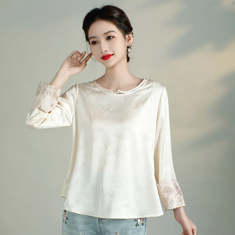 High Quality Spring And Summer Comfortable Blouse Chinese Style O-neck Long Sleeved Jacquard Lady Shirt S-XXL
High Quality Spring And Summer Comfortable Blouse Chinese Style O-neck Long Sleeved Jacquard Lady Shirt S-XXL