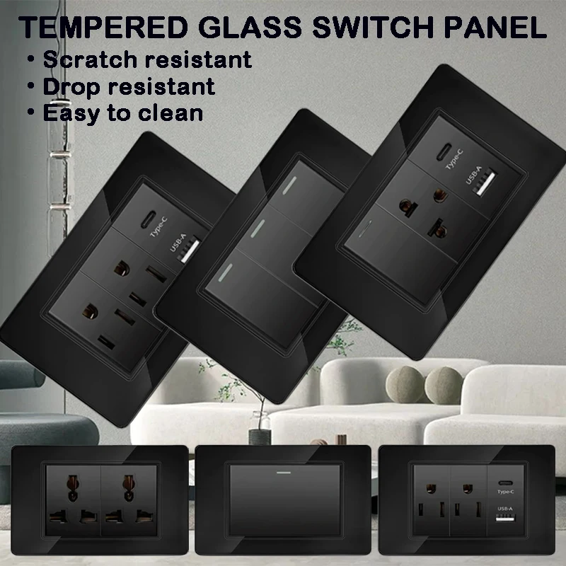 118*75mm Tempered Glass panel socket US Wall Socket Black Thai USB Socket Plug with Dual USB Type-C Ports,Light Switch 110V
118*75mm Tempered Glass panel socket US Wall Socket Black Thai USB Socket Plug with Dual USB Type-C Ports,Light Switch 110V