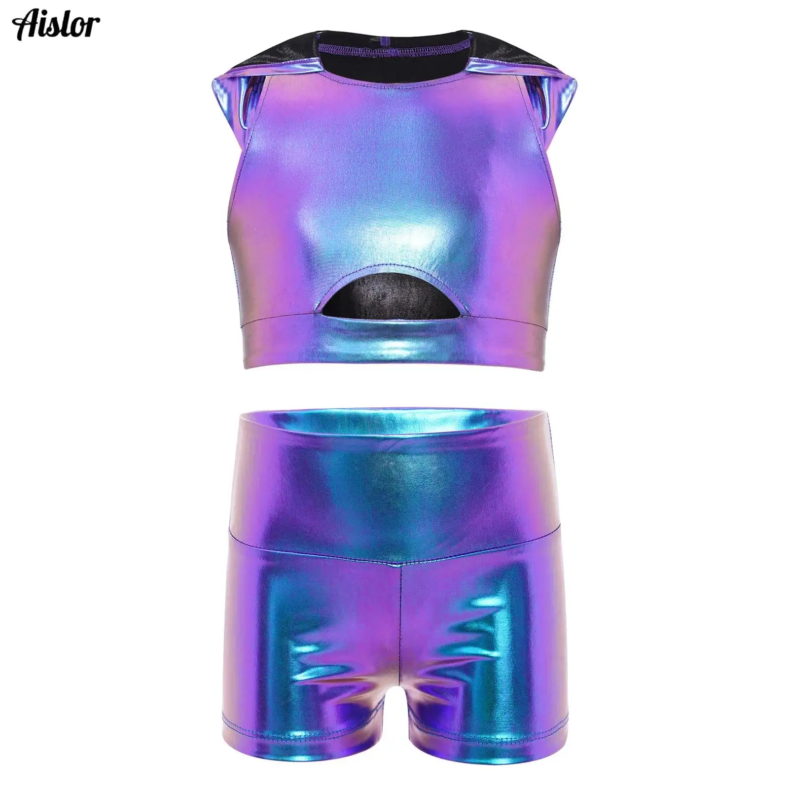 Kids Girls Shiny Metallic Jazz Dance Outfit Sleeveless Cutout Front Hooded Crop Top+Shorts Gymnastics Performance Disco Dancing
Kids Girls Shiny Metallic Jazz Dance Outfit Sleeveless Cutout Front Hooded Crop Top+Shorts Gymnastics Performance Disco Dancing