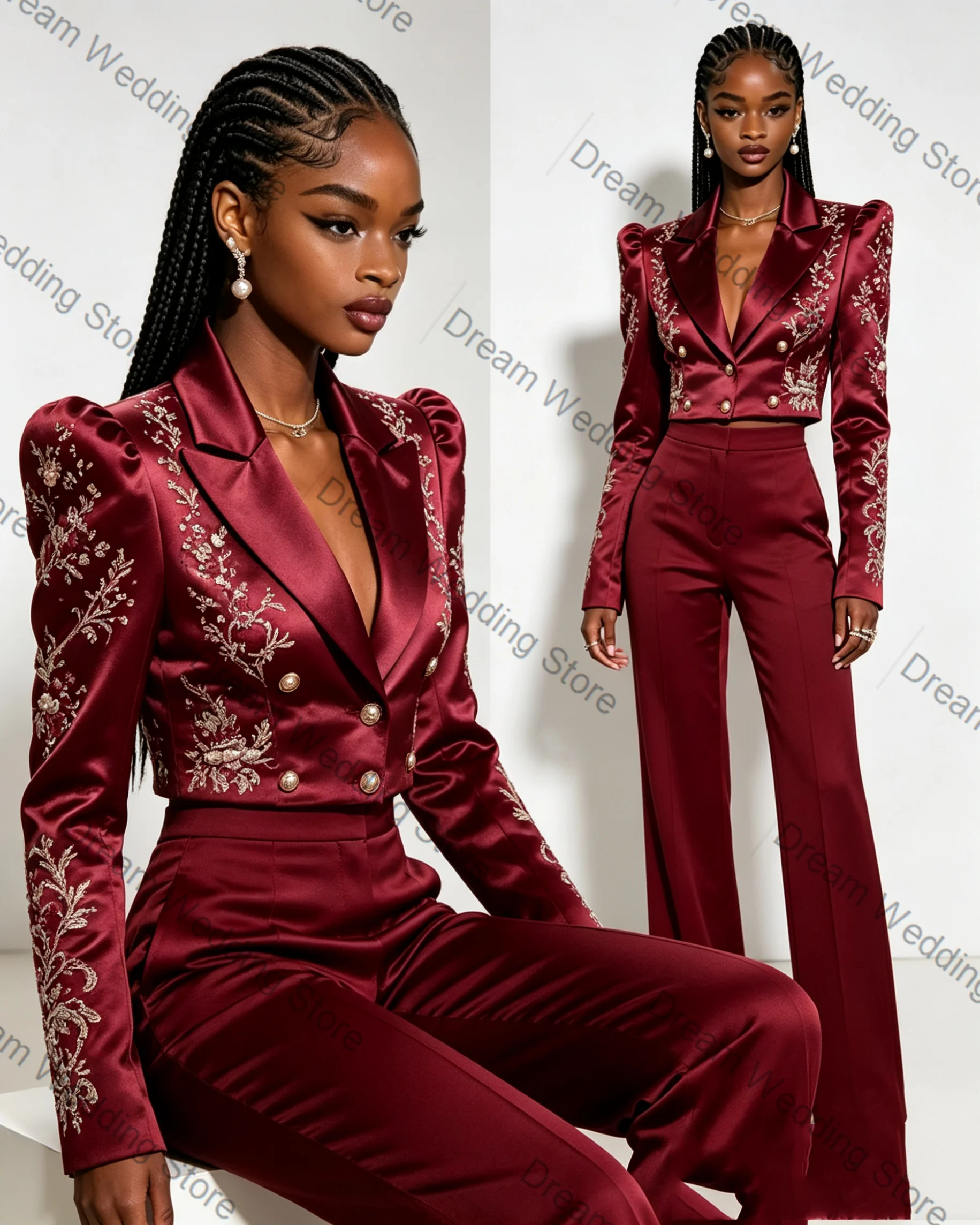 Burgundy Satin Women Suit Set 2 Pcs Blazer+Pants Trousers Appliqued Formal Office Lady Jacket Customized Wedding Guest Coat
Burgundy Satin Women Suit Set 2 Pcs Blazer+Pants Trousers Appliqued Formal Office Lady Jacket Customized Wedding Guest Coat