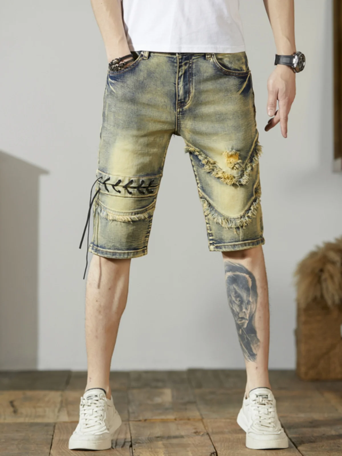 Retro Distred Denim orts for Men Casual Straight Leg Elastic Waist Mid-waist Cotton Stretch Fabric Summer Wear
Retro Distred Denim orts for Men Casual Straight Leg Elastic Waist Mid-waist Cotton Stretch Fabric Summer Wear