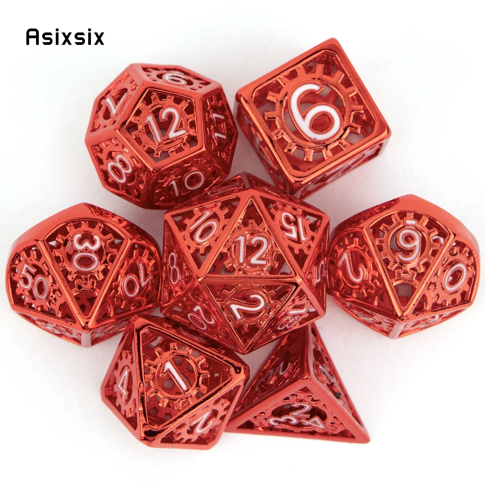 7 Pcs Red White Gear Wheel Metal Dice Hollow Metal Polyhedral Dice Set Suitable for Role-Playing RPG Board Game Gift
7 Pcs Red White Gear Wheel Metal Dice Hollow Metal Polyhedral Dice Set Suitable for Role-Playing RPG Board Game Gift