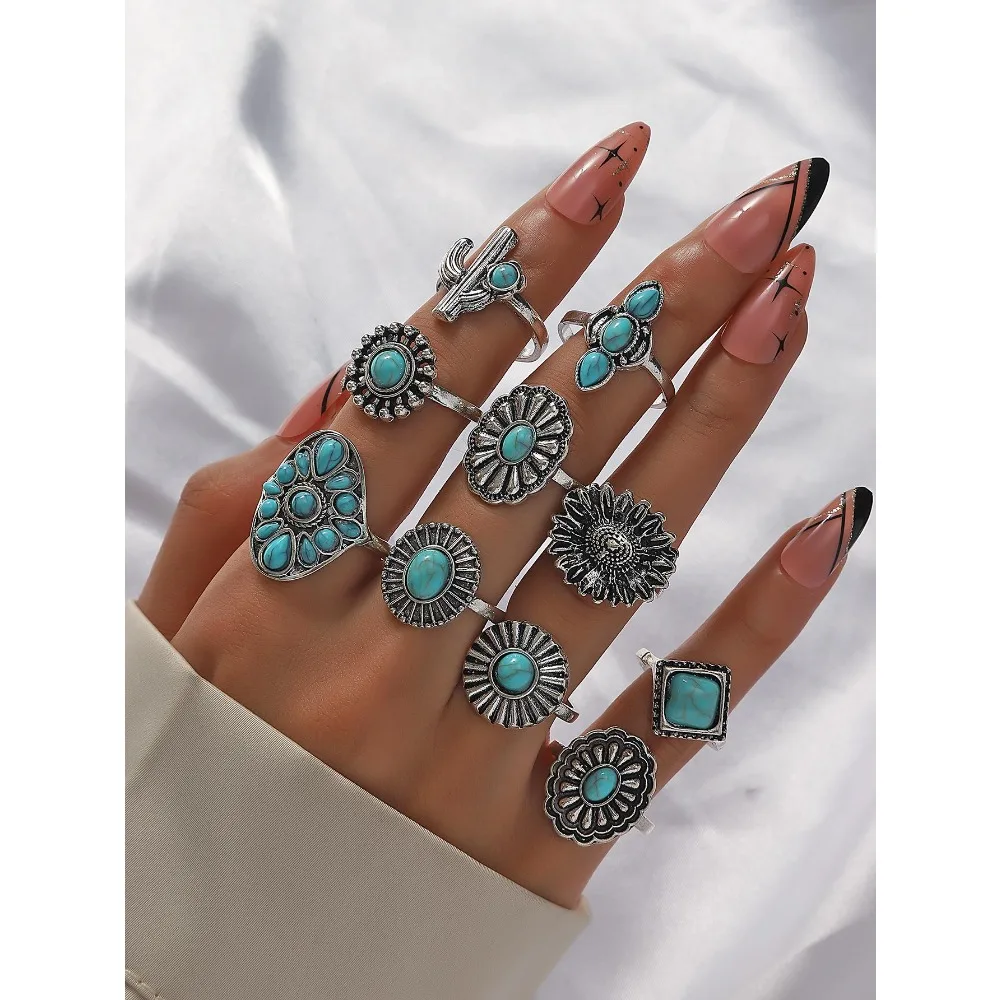 10pcs Vintage & Bohemian Turquoise Exaggerated Ring Set Gifts To Girlfriend
10pcs Vintage & Bohemian Turquoise Exaggerated Ring Set Gifts To Girlfriend