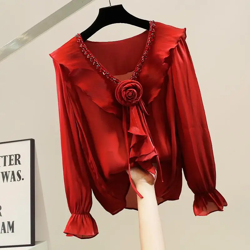 Fashionable Heavy Embellished Long Sleeve Beaded Ruffle Hem Shirt Versatile Sweet Stylish Top Trendy Commute Style Loose Fit
Fashionable Heavy Embellished Long Sleeve Beaded Ruffle Hem Shirt Versatile Sweet Stylish Top Trendy Commute Style Loose Fit