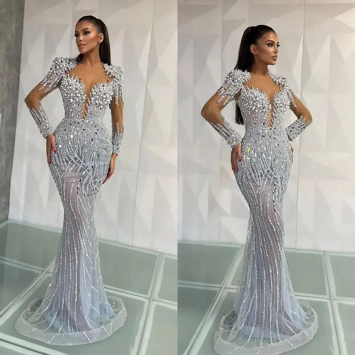 Customized Gorgeous Mermaid Prom Dresses Long Sleeves Illusion Shining Sequins Beads Pleats Court Gown Plus Size Party Dress
Customized Gorgeous Mermaid Prom Dresses Long Sleeves Illusion Shining Sequins Beads Pleats Court Gown Plus Size Party Dress