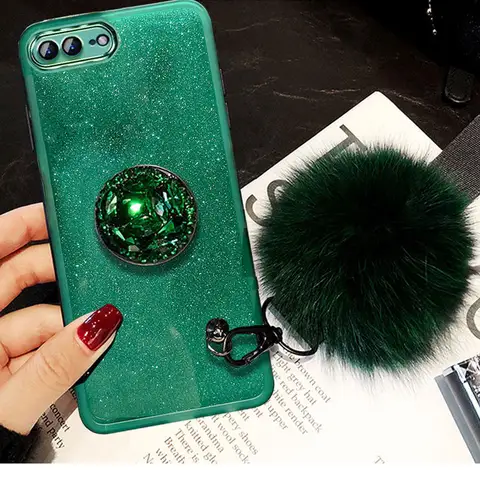 Funda de lujo con cordón y Bola de piel para iphone, carcasa con purpurina y soporte de diamante para iphone 7, 7Plus, 8Plus, 6Plus, 8, 14 Plus, SE 2020