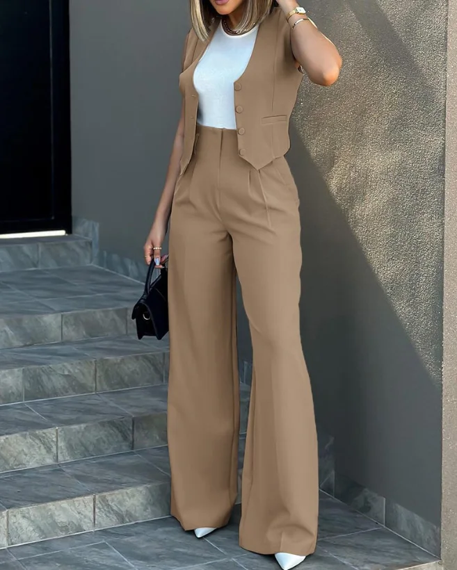 Summer 2023 Temperament Commuting Vest Top High Waist Wide Leg Pants Elegant V Neck Sleeveless Button Regular Work Pants Set
Summer 2023 Temperament Commuting Vest Top High Waist Wide Leg Pants Elegant V Neck Sleeveless Button Regular Work Pants Set