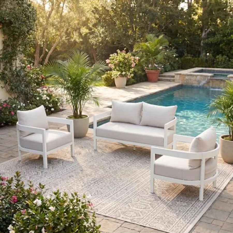 Lula 4-Seater Patio Furniture Set, 3 Piece Outdoor Conversation Set with Cushion, Loveseat and 2 Club Chairs, Aluminum Outdoor
Lula 4-Seater Patio Furniture Set, 3 Piece Outdoor Conversation Set with Cushion, Loveseat and 2 Club Chairs, Aluminum Outdoor