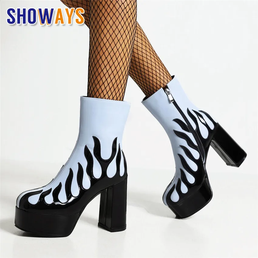 Women Platform Ankle Boots High Chunky Heels Red Black Blue Flame Patchwork Party Club Sexy Ladies Round Toe Zipper Short Boots
Women Platform Ankle Boots High Chunky Heels Red Black Blue Flame Patchwork Party Club Sexy Ladies Round Toe Zipper Short Boots