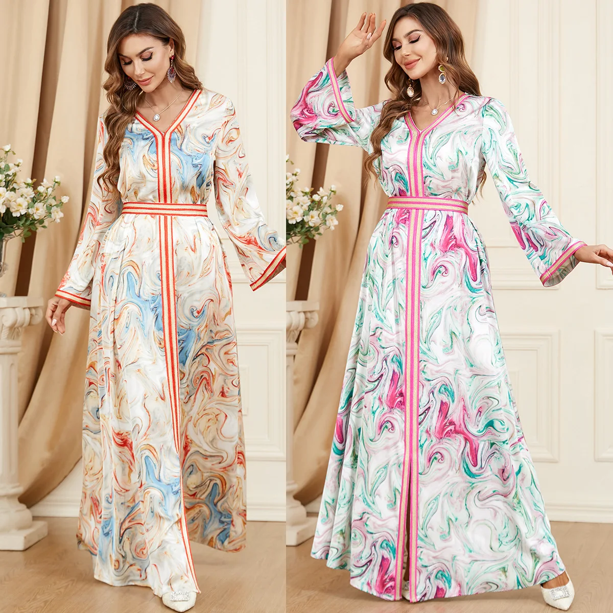 Arab Dress Middle Eastern Muslim Dress Women V-neck Long Sleeve Abayas for Women Evening Party Dress Print Dress Morocco Caftan
Arab Dress Middle Eastern Muslim Dress Women V-neck Long Sleeve Abayas for Women Evening Party Dress Print Dress Morocco Caftan