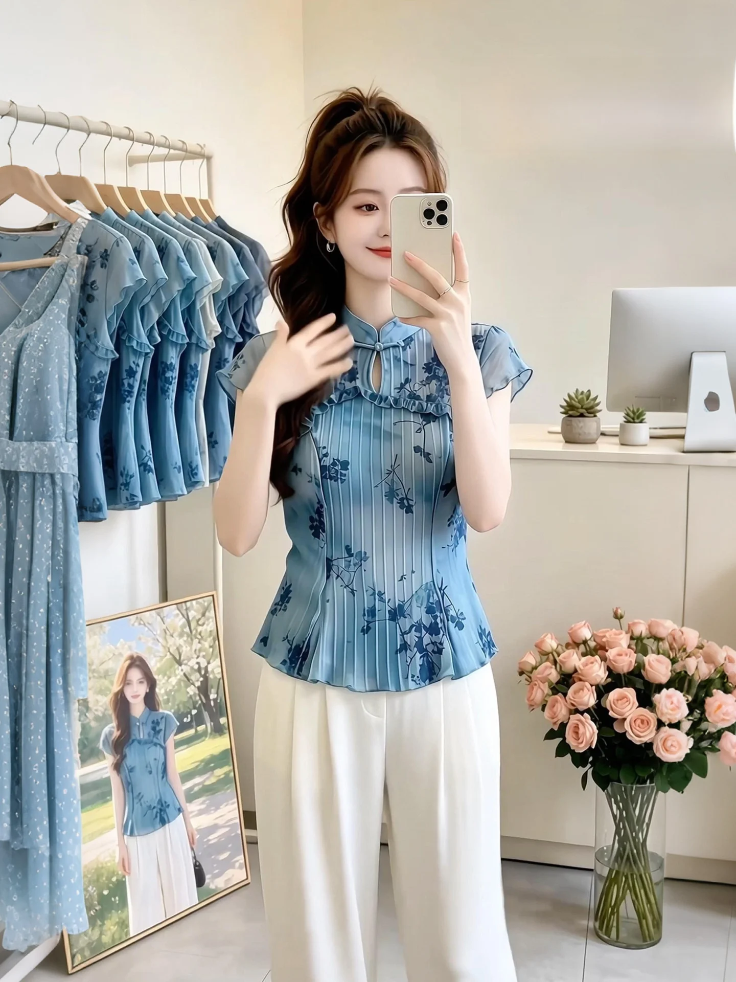 New Chinese Style Women's Shirt Slim Fit Blue Floral Print Commute Design Breathable Summer Top for Young Women
New Chinese Style Women's Shirt Slim Fit Blue Floral Print Commute Design Breathable Summer Top for Young Women