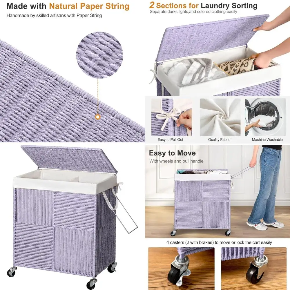 Purple 115L Handwoven Rolling Laundry Hamper with Lid and Removable Liner for Large Capacity Laundry Sorting
Purple 115L Handwoven Rolling Laundry Hamper with Lid and Removable Liner for Large Capacity Laundry Sorting