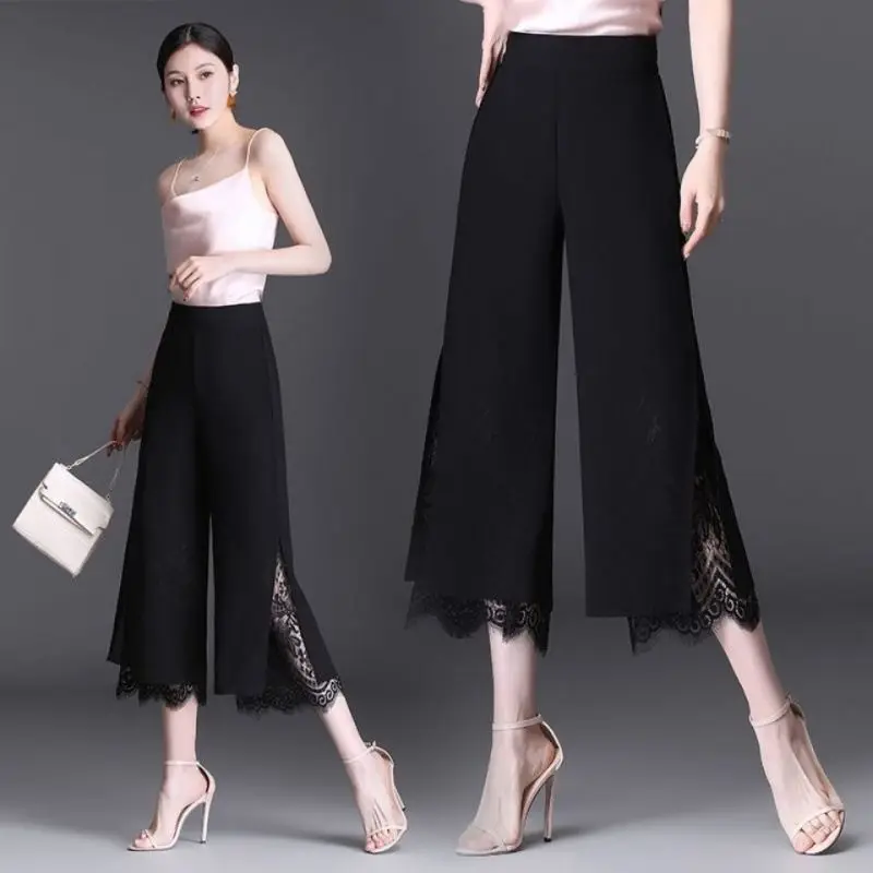 Elegant Lace Hollow Out Trousers Patchwork Split Female High Waist Commute Solid Color Summer New Elastic Wide Leg Pants Q168
Elegant Lace Hollow Out Trousers Patchwork Split Female High Waist Commute Solid Color Summer New Elastic Wide Leg Pants Q168
