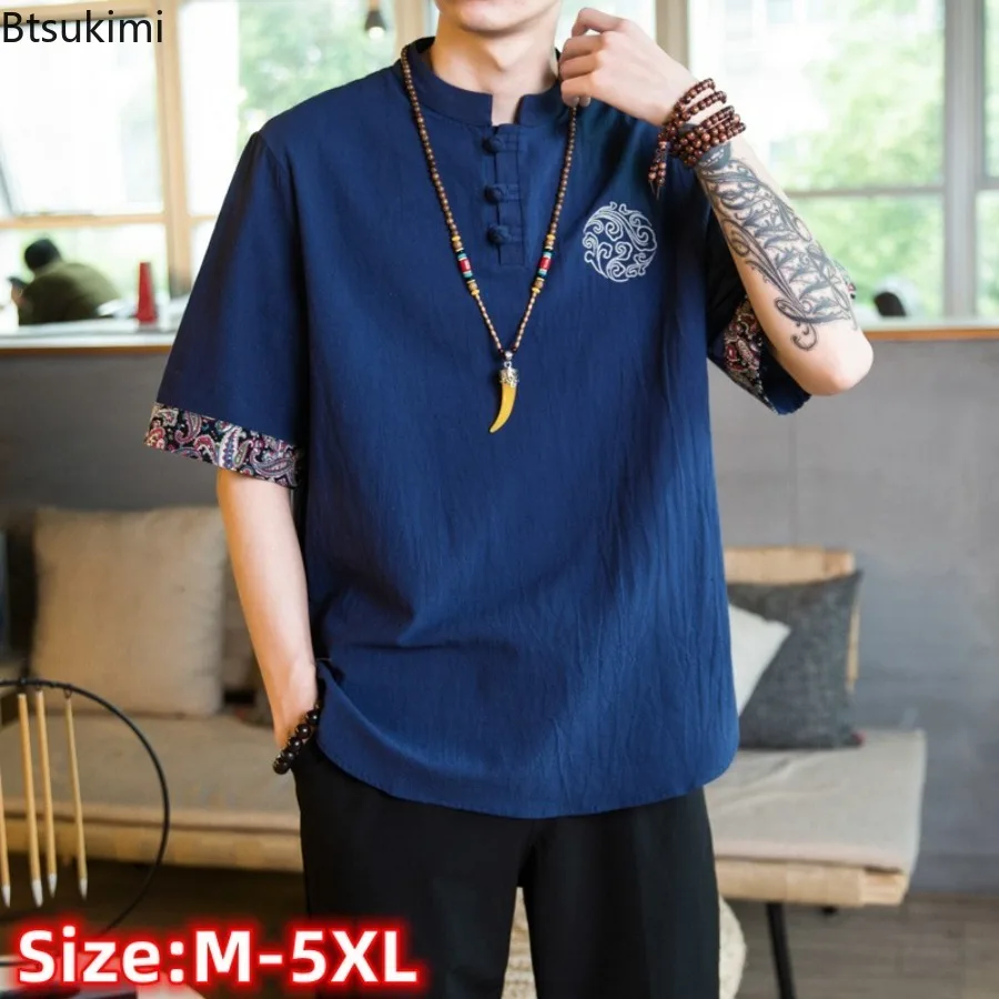 Chinese Style Men's Summer Short Sleeve Loose Casual T-shirt Fashion Embroidery Print Design Cotton Linen Stand Collar Tops Male
Chinese Style Men's Summer Short Sleeve Loose Casual T-shirt Fashion Embroidery Print Design Cotton Linen Stand Collar Tops Male