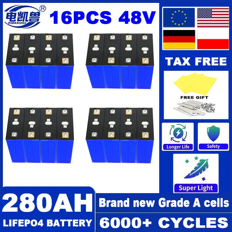 16pcs new 3.2V 280AH battery LiFePO4 Lithium iron phospha for 12V 24V 4S E-scooter RV EV Solar Energy storage system Duty-free
16pcs new 3.2V 280AH battery LiFePO4 Lithium iron phospha for 12V 24V 4S E-scooter RV EV Solar Energy storage system Duty-free