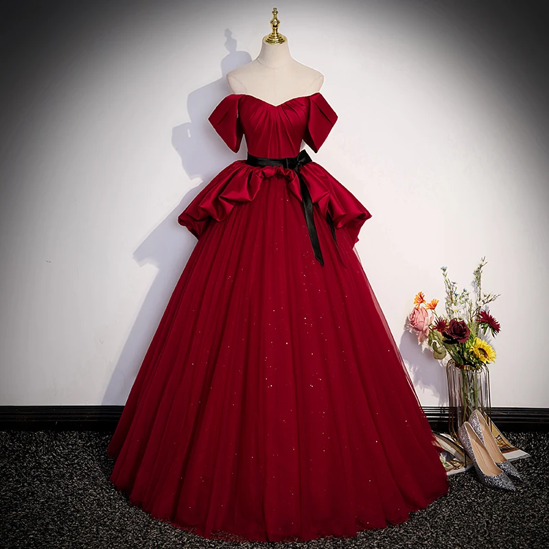 Evening Dress Sequins Short Sleeves Boat Neck Tulle Burgundy Floor Length Lace Up A-Line New Plus Size Women Party Dresses B2697
Evening Dress Sequins Short Sleeves Boat Neck Tulle Burgundy Floor Length Lace Up A-Line New Plus Size Women Party Dresses B2697