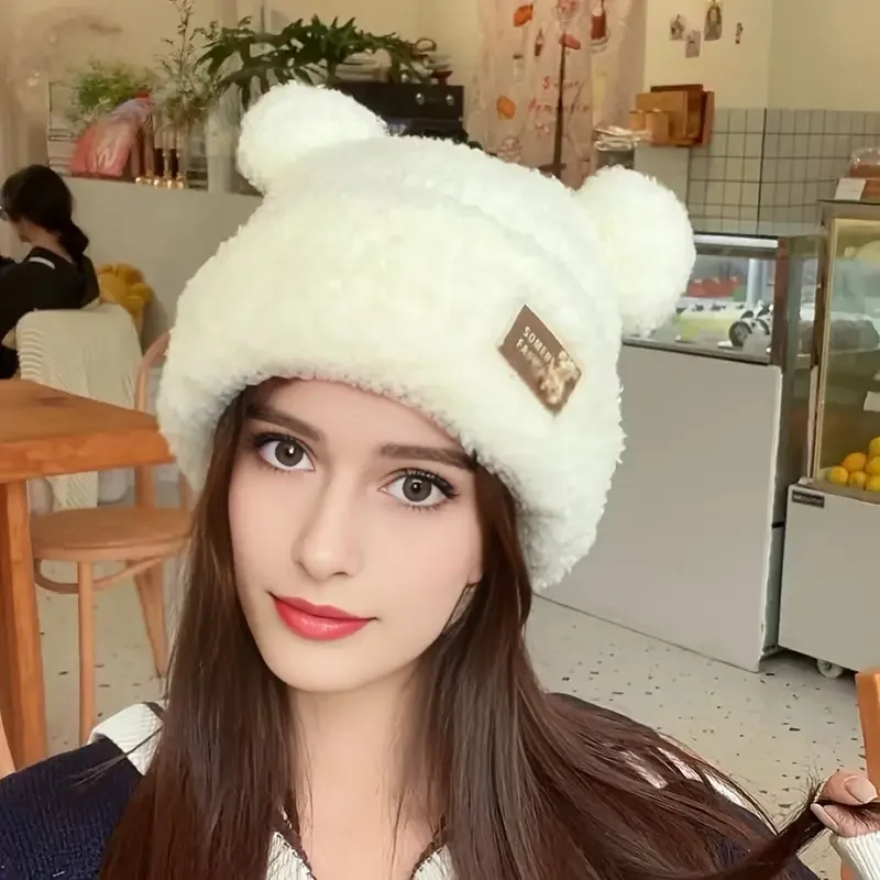 Women Solid Color Knitted Cute Bear Ears Wool Hat Plush Little Bear Wool Hat Metal Label Knitted Plush Thickened Ear Protect Hat
Women Solid Color Knitted Cute Bear Ears Wool Hat Plush Little Bear Wool Hat Metal Label Knitted Plush Thickened Ear Protect Hat