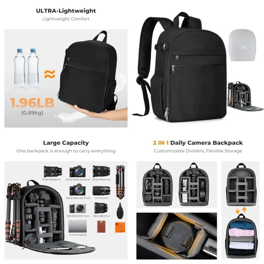 Lightweight Camera Backpack Bag, Professional Photography Bag Compatible with Canon/Nikon/Sony Camera and Lens Accessories, Camera Case with Tripod Strap & Rain Cover
Lightweight Camera Backpack Bag, Professional Photography Bag Compatible with Canon/Nikon/Sony Camera and Lens Accessories, Camera Case with Tripod Strap & Rain Cover
