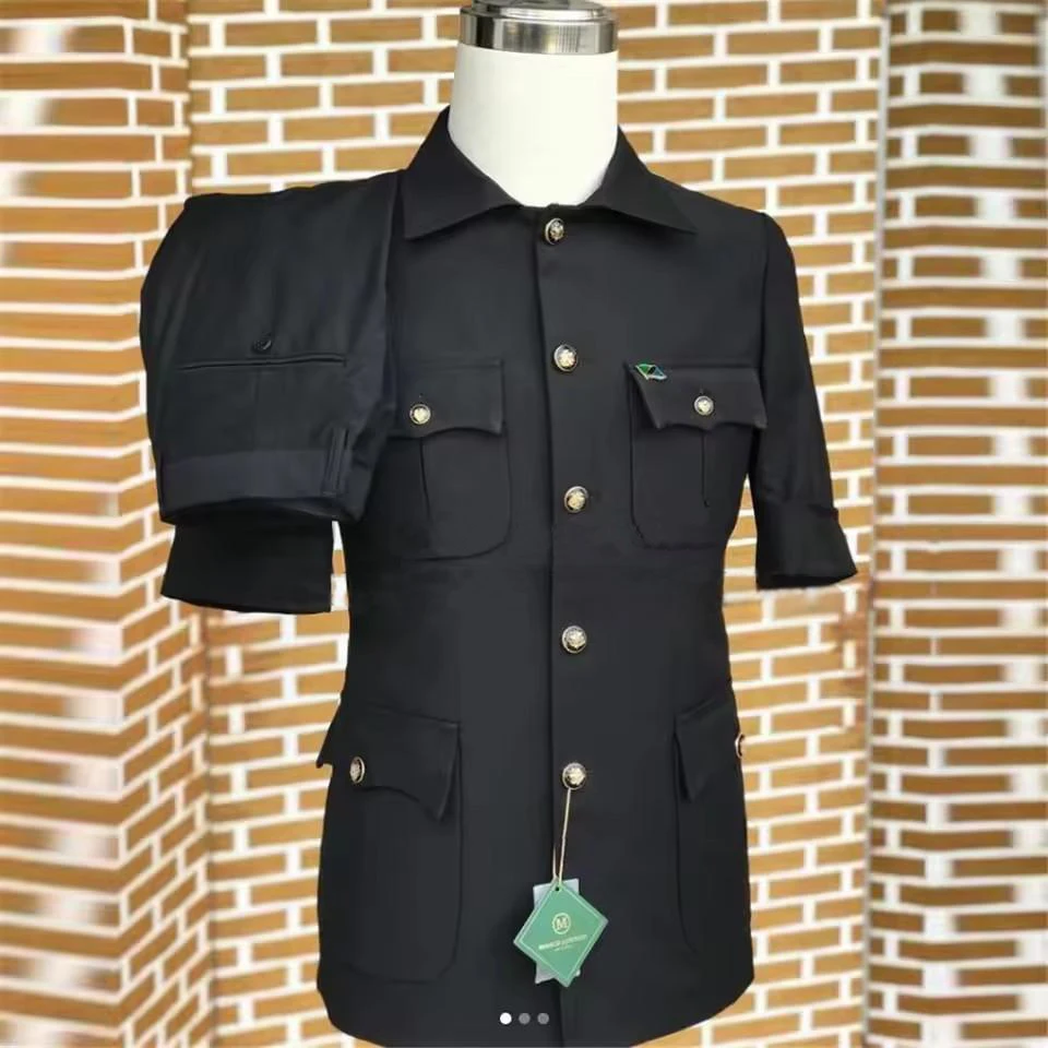 Men's Suits Black 2 Piece Jacket Pants Sets Short Sleeves Single Breasted Stand Collar Male Clothing Male Wedding Party Clothing
Men's Suits Black 2 Piece Jacket Pants Sets Short Sleeves Single Breasted Stand Collar Male Clothing Male Wedding Party Clothing