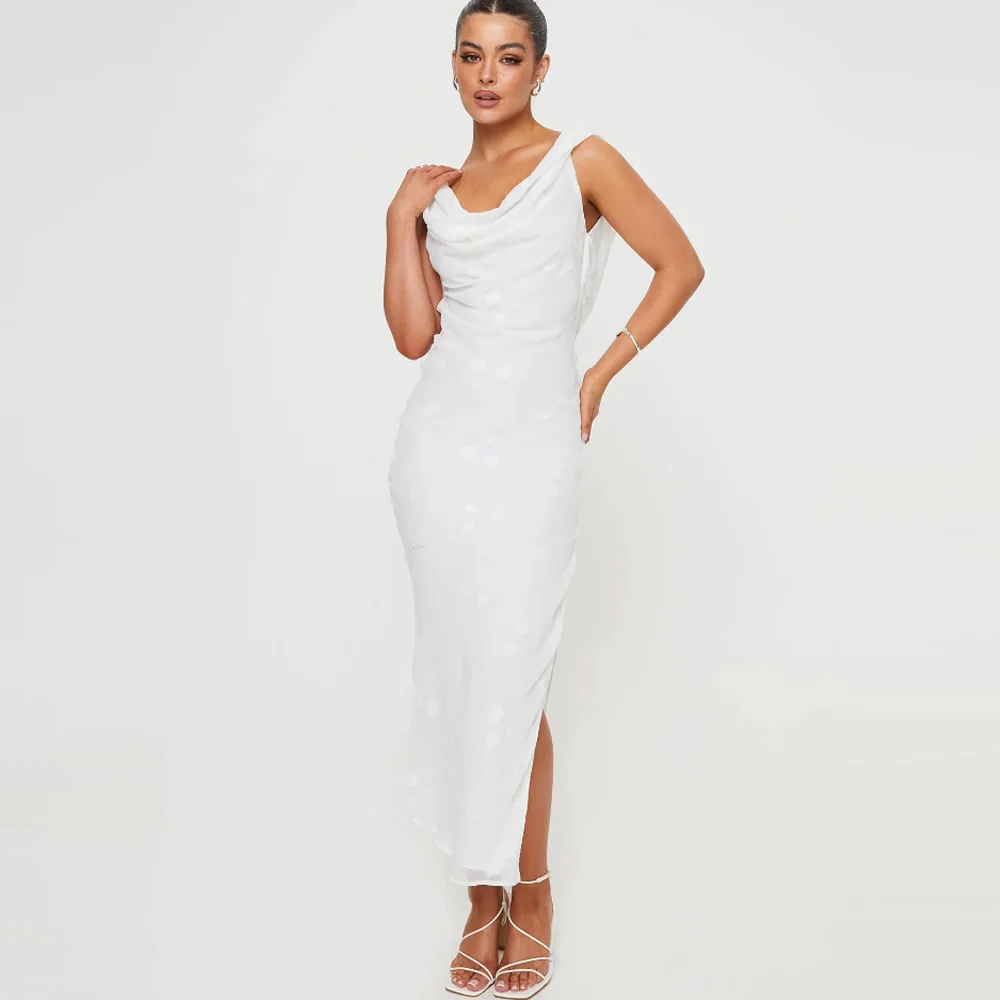 Women One Shoulder Cowl Neck Textured Floral Midi Dress Side Slit White Elegant Evening Dress Customized
Women One Shoulder Cowl Neck Textured Floral Midi Dress Side Slit White Elegant Evening Dress Customized