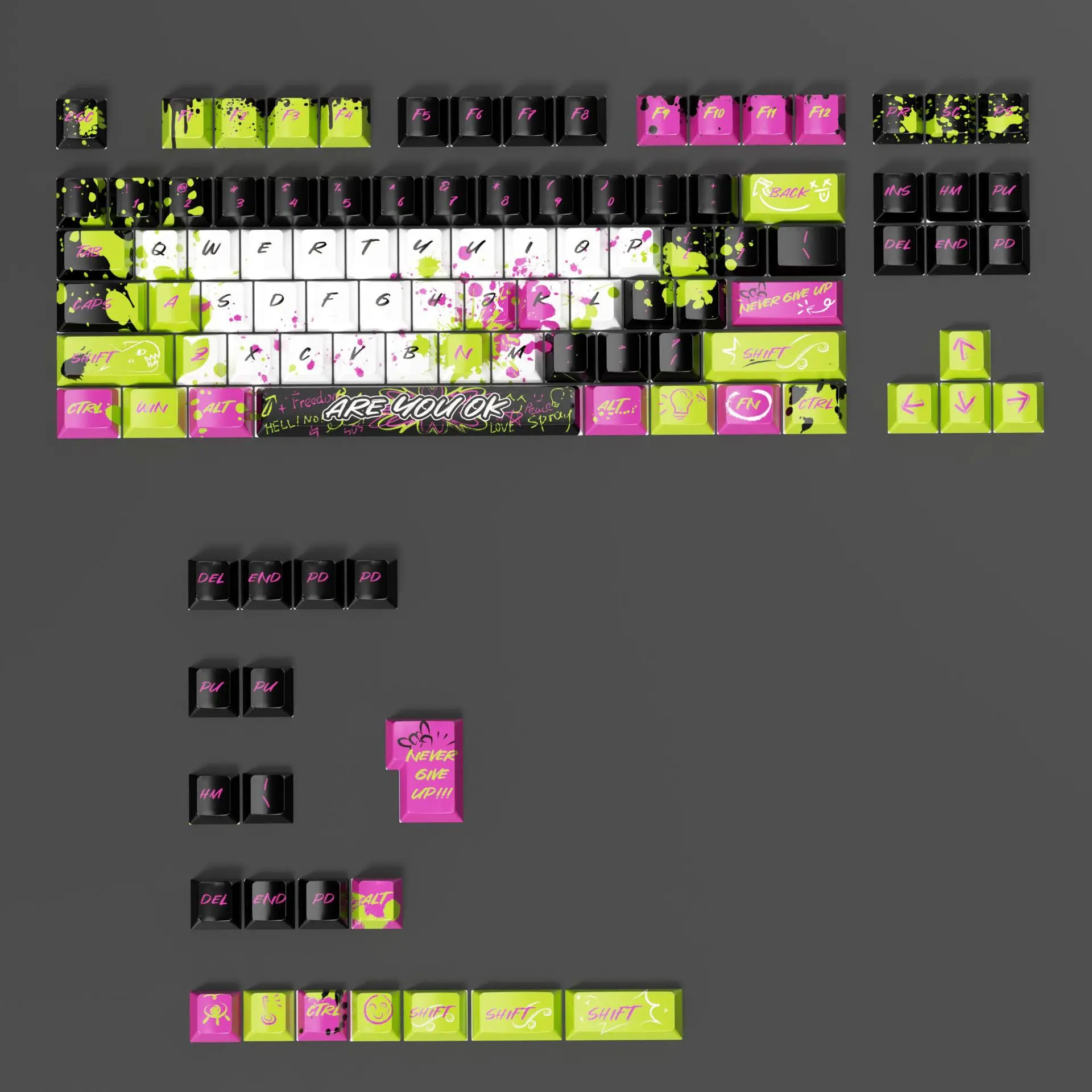 Sublimation 109 key red and green graffiti custom mechanical keyboard personalized keycap combination keycap
Sublimation 109 key red and green graffiti custom mechanical keyboard personalized keycap combination keycap