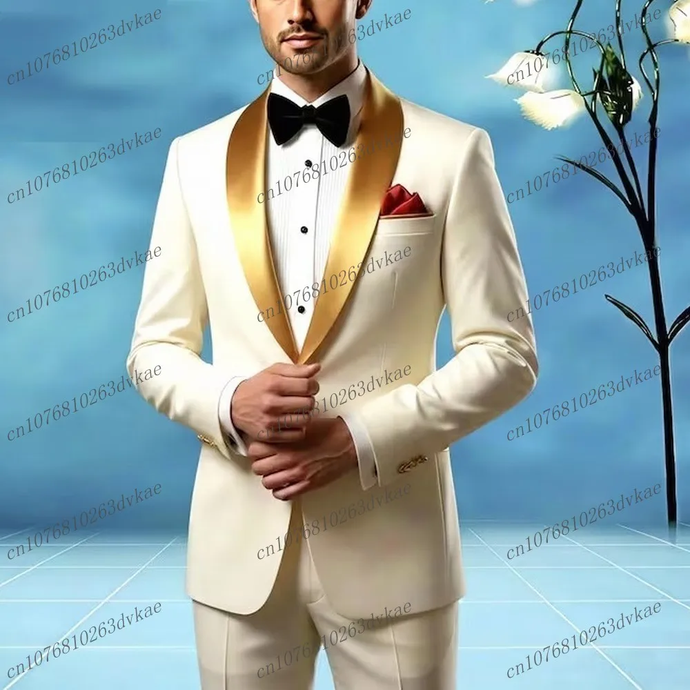 New Gold Lapel Ivory Business Men Suit Wedding Party Prom Groom Groomsman Formal Occasions Tuxedos 2 Piece Set Blazer Pants
New Gold Lapel Ivory Business Men Suit Wedding Party Prom Groom Groomsman Formal Occasions Tuxedos 2 Piece Set Blazer Pants