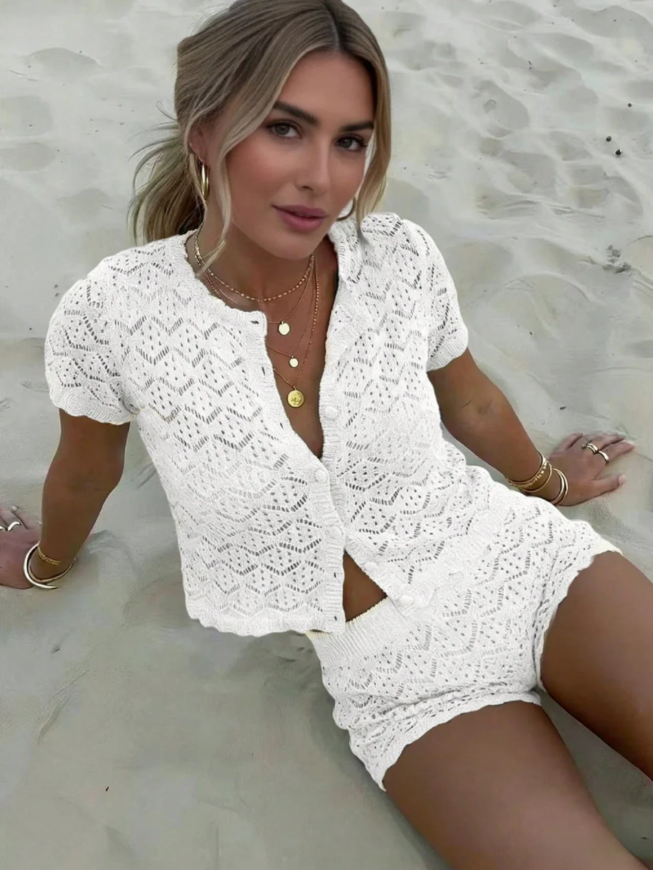 Womens Crochet Hollow Out Two Piece Beach Set Short Sleeve Knit Cover Up And Shorts
Womens Crochet Hollow Out Two Piece Beach Set Short Sleeve Knit Cover Up And Shorts