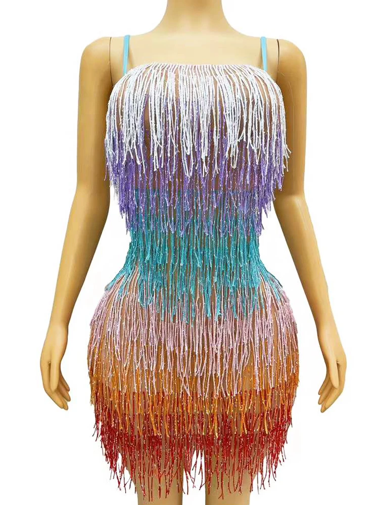 Fashion Women Party Dress Colorful Rainbow Tassles Lady Dance Wear Transparent Stretch Mesh Evening Dresses Sing Stage Costume
Fashion Women Party Dress Colorful Rainbow Tassles Lady Dance Wear Transparent Stretch Mesh Evening Dresses Sing Stage Costume