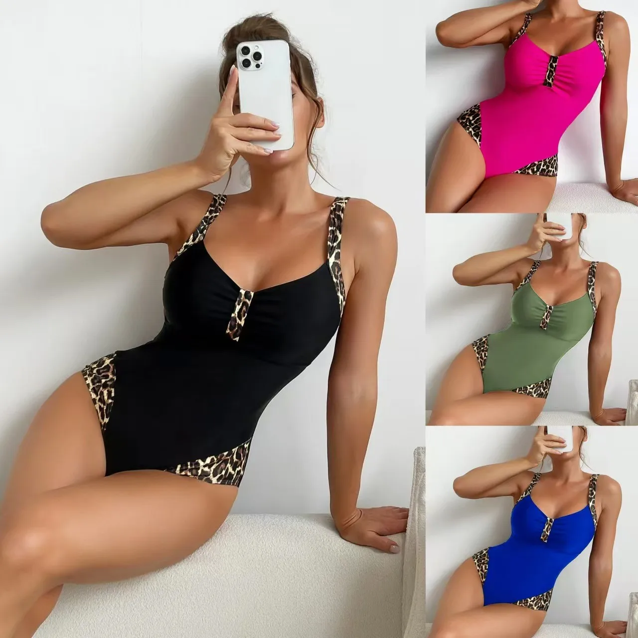 Woman Bodysuit Sleeveless V Neck Swimsuit Leopard Trim Ruched Front Swimsuit Black Thin Straps High Cut Legs
Woman Bodysuit Sleeveless V Neck Swimsuit Leopard Trim Ruched Front Swimsuit Black Thin Straps High Cut Legs