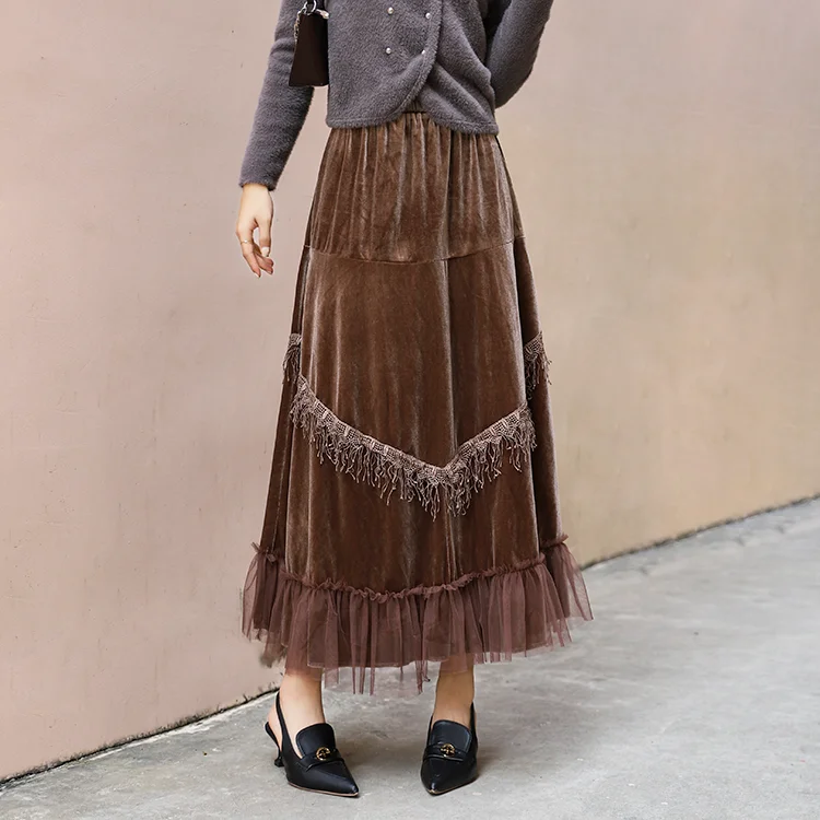 Tassel splicing high waist slimming elastic waist A-line skirt for women's autumn and winter long half skirt A-line skirt
Tassel splicing high waist slimming elastic waist A-line skirt for women's autumn and winter long half skirt A-line skirt