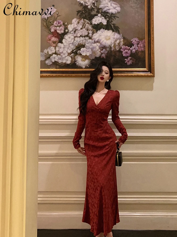 French Elegant temperament Red Fishtail Dress V-neck Long Sleeve High Waist Slim Fit A-line Bodycon Long Evening Dress for Women
French Elegant temperament Red Fishtail Dress V-neck Long Sleeve High Waist Slim Fit A-line Bodycon Long Evening Dress for Women