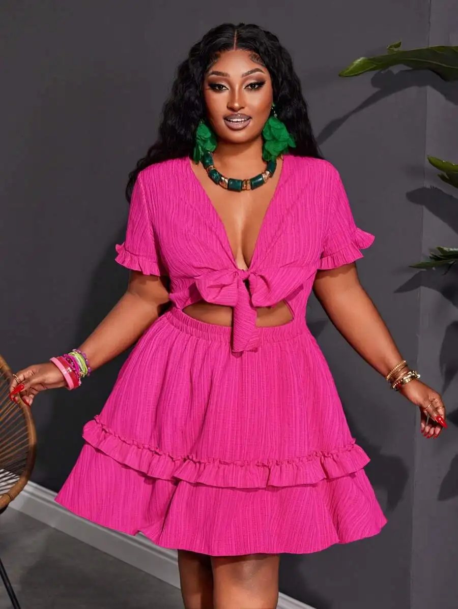 Fuchsia Mini Dress With Ruffle Trim Chest Tie-Up A-Line Hem Woven Fabric Casual Holiday Wear
Fuchsia Mini Dress With Ruffle Trim Chest Tie-Up A-Line Hem Woven Fabric Casual Holiday Wear