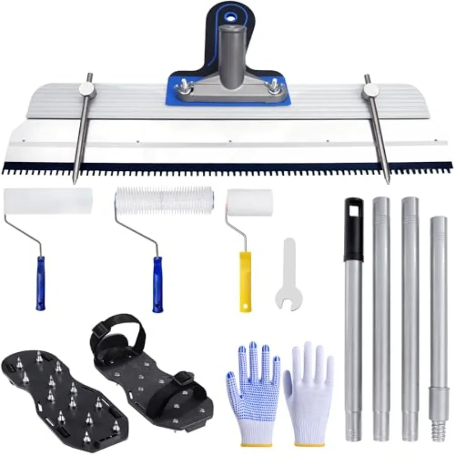 Self-Leveling Cement and Epoxy Floor Tool Kit Rake, 9" Spike Rollers, 4" Paint Roller, Spiked Shoes, Extension Pole, Gloves and
Self-Leveling Cement and Epoxy Floor Tool Kit Rake, 9" Spike Rollers, 4" Paint Roller, Spiked Shoes, Extension Pole, Gloves and