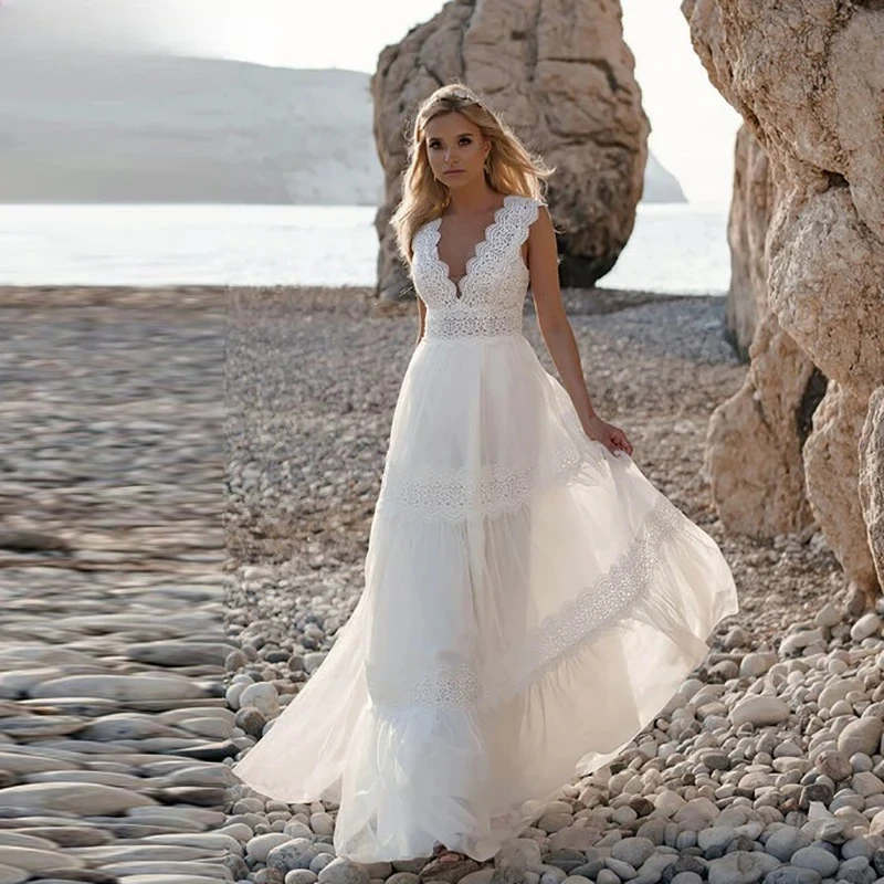 A-line Boho Wedding Dresses V-neck Sleeveless Lace/Tulle Bridal Dress Beach Long Wedding Gown Robe De Mairee Customized
A-line Boho Wedding Dresses V-neck Sleeveless Lace/Tulle Bridal Dress Beach Long Wedding Gown Robe De Mairee Customized