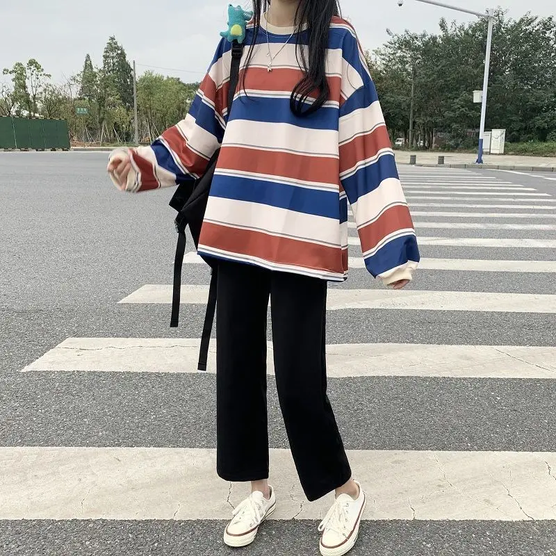 Комплекты брюк Женская одежда Тонкий универсальный весенний пуловер с круглым вырезом Свободная полосатая толстовка с эластичной резинкой на талии Черные брюки до щиколотки 
Комплекты брюк Женская одежда Тонкий универсальный весенний пуловер с круглым вырезом Свободная полосатая толстовка с эластичной резинкой на талии Черные брюки до щиколотки