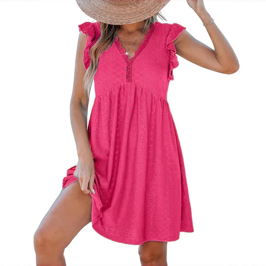 Summer Women's High Waist Mini Skirt V-neck Lace Lace Flying Sleeves Fashion Mesh Hollow Vacation Beach Dress
Summer Women's High Waist Mini Skirt V-neck Lace Lace Flying Sleeves Fashion Mesh Hollow Vacation Beach Dress