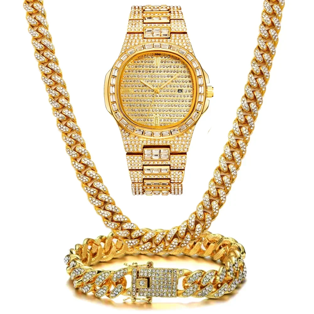 Full Iced Out Watches Men Golden Cuban Link Chain Bracelet Necklace Chokers Rapper Club Bling Fashion Jewelry for Male Gifts Set
Full Iced Out Watches Men Golden Cuban Link Chain Bracelet Necklace Chokers Rapper Club Bling Fashion Jewelry for Male Gifts Set