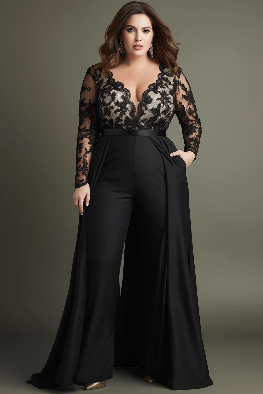 Flycurvy Plus Size Wedding Guest Black Lace Deep V Neck Long Sleeve Pocket Jumpsuit
Flycurvy Plus Size Wedding Guest Black Lace Deep V Neck Long Sleeve Pocket Jumpsuit