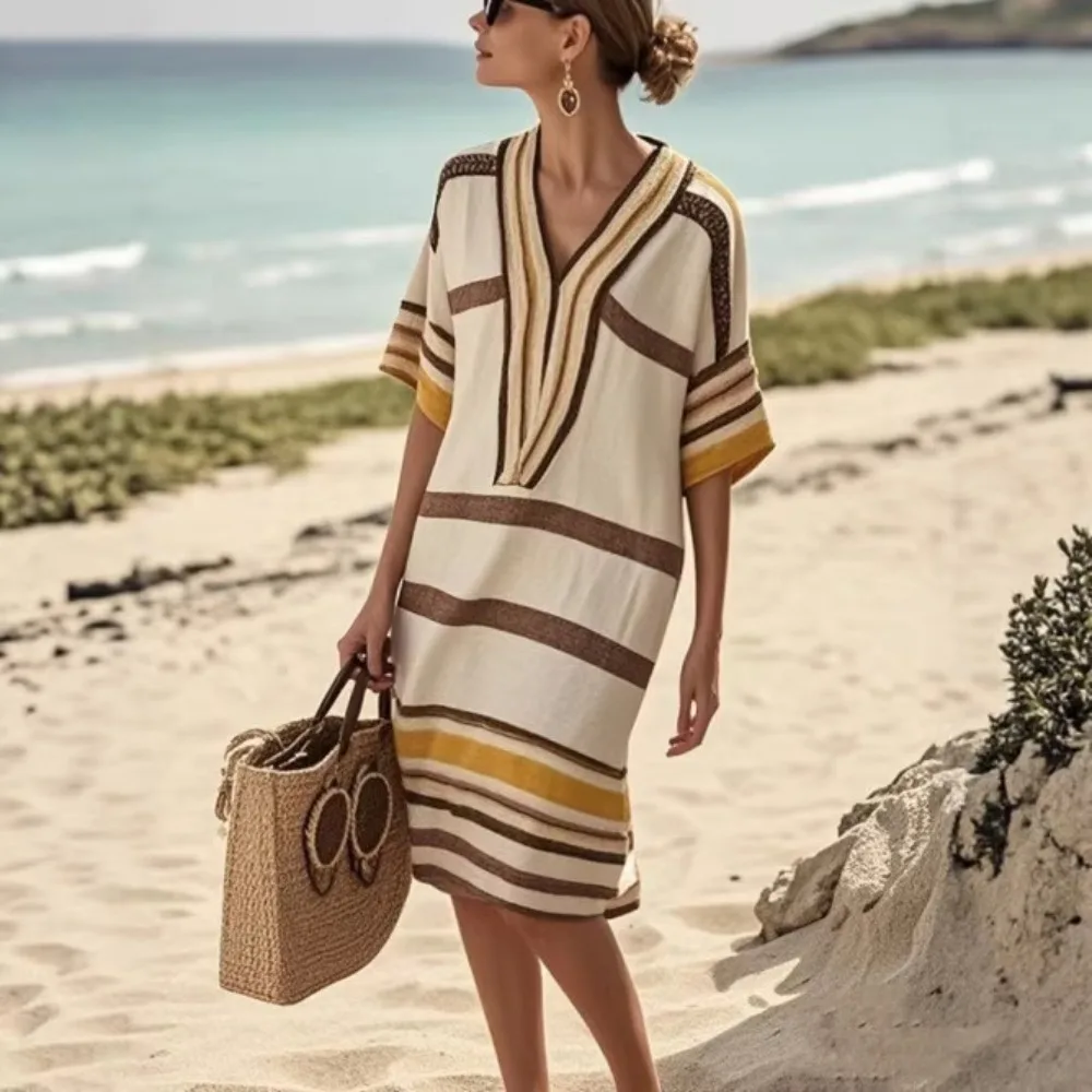 Women's Fashion Stripe Printed Midi Dress V Neck Short Sleeve Sleeve Loose Retro Bohemian Summer Beach Vacation Sundress
Women's Fashion Stripe Printed Midi Dress V Neck Short Sleeve Sleeve Loose Retro Bohemian Summer Beach Vacation Sundress