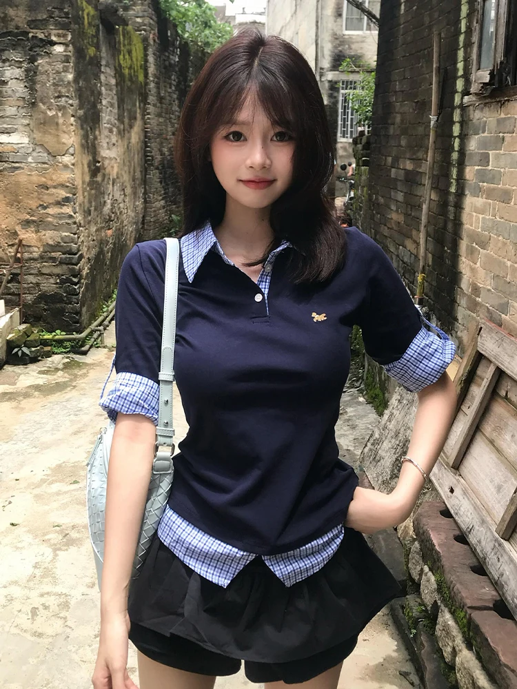 College Sle Fake Two-Piece oulder Ne ort Sve T-irt Women Summer Slim Fit Slimming Top Creative Pattern
College Sle Fake Two-Piece oulder Ne ort Sve T-irt Women Summer Slim Fit Slimming Top Creative Pattern