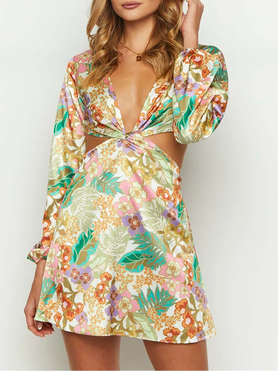 Women Floral Print Mini Dress Summer Sexy Deep V-Neck Twist Front Hollow Out Long Sleeve A-line Dresses for Spring Fall Party
Women Floral Print Mini Dress Summer Sexy Deep V-Neck Twist Front Hollow Out Long Sleeve A-line Dresses for Spring Fall Party