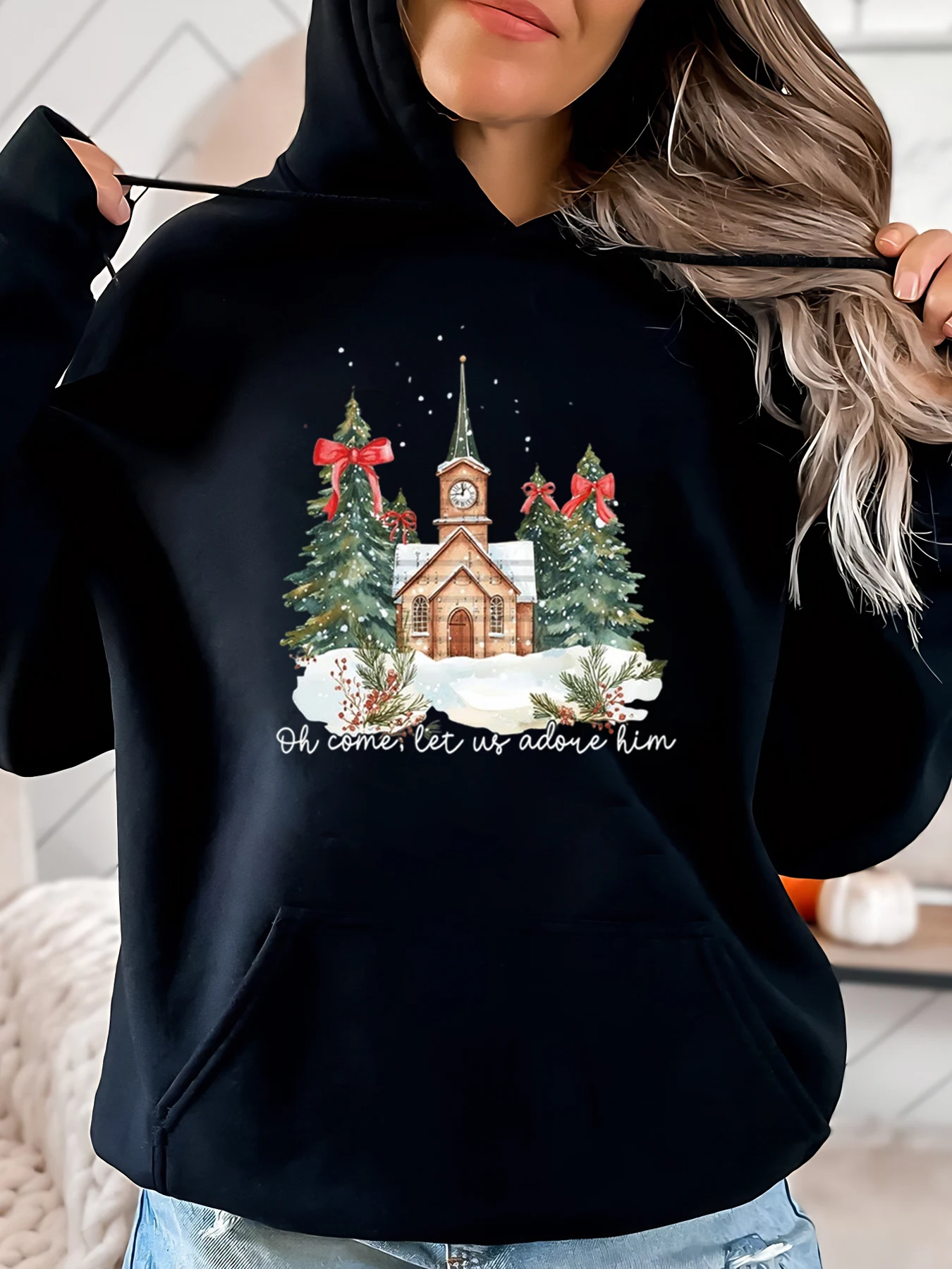 Рождественская церковная сцена с принтом Oh Come Let Us Adore Him, толстовка с капюшоном, женская зимняя праздничная повседневная одежда, черный размер больших размеров
Рождественская церковная сцена с принтом Oh Come Let Us Adore Him, толстовка с капюшоном, женская зимняя праздничная повседневная одежда, черный размер больших размеров